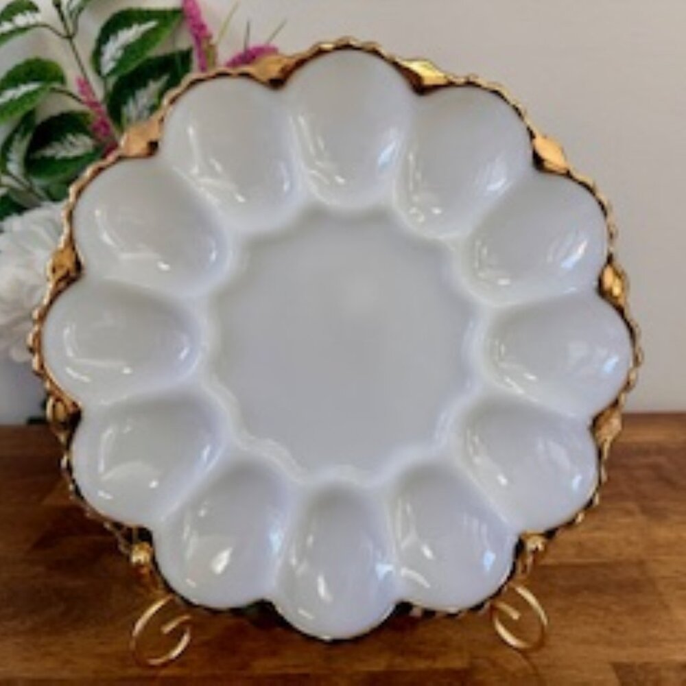 Vintage Milk Glass Deviled Egg Tray‎ with Gold Trim Scalloped Edge Serving Plate